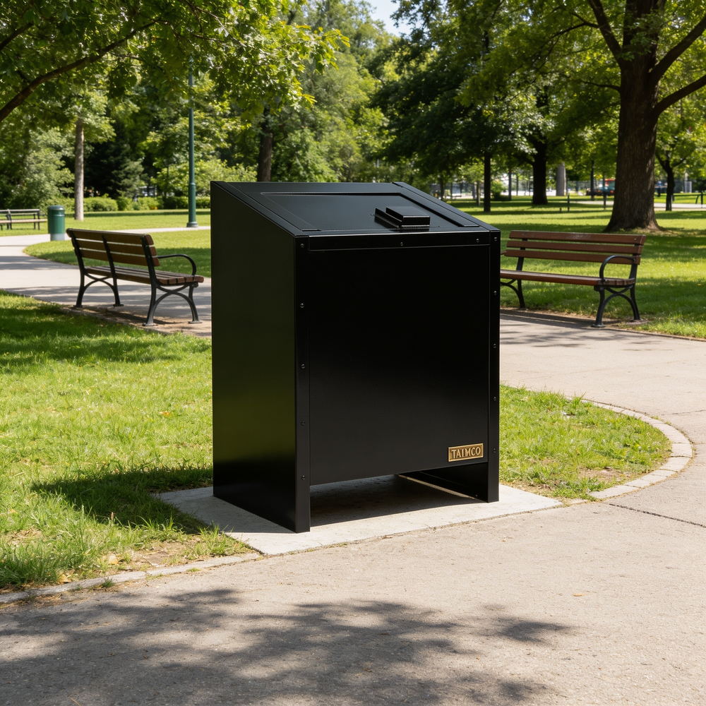 Black trash bin with 'Napco' branding in a park setting