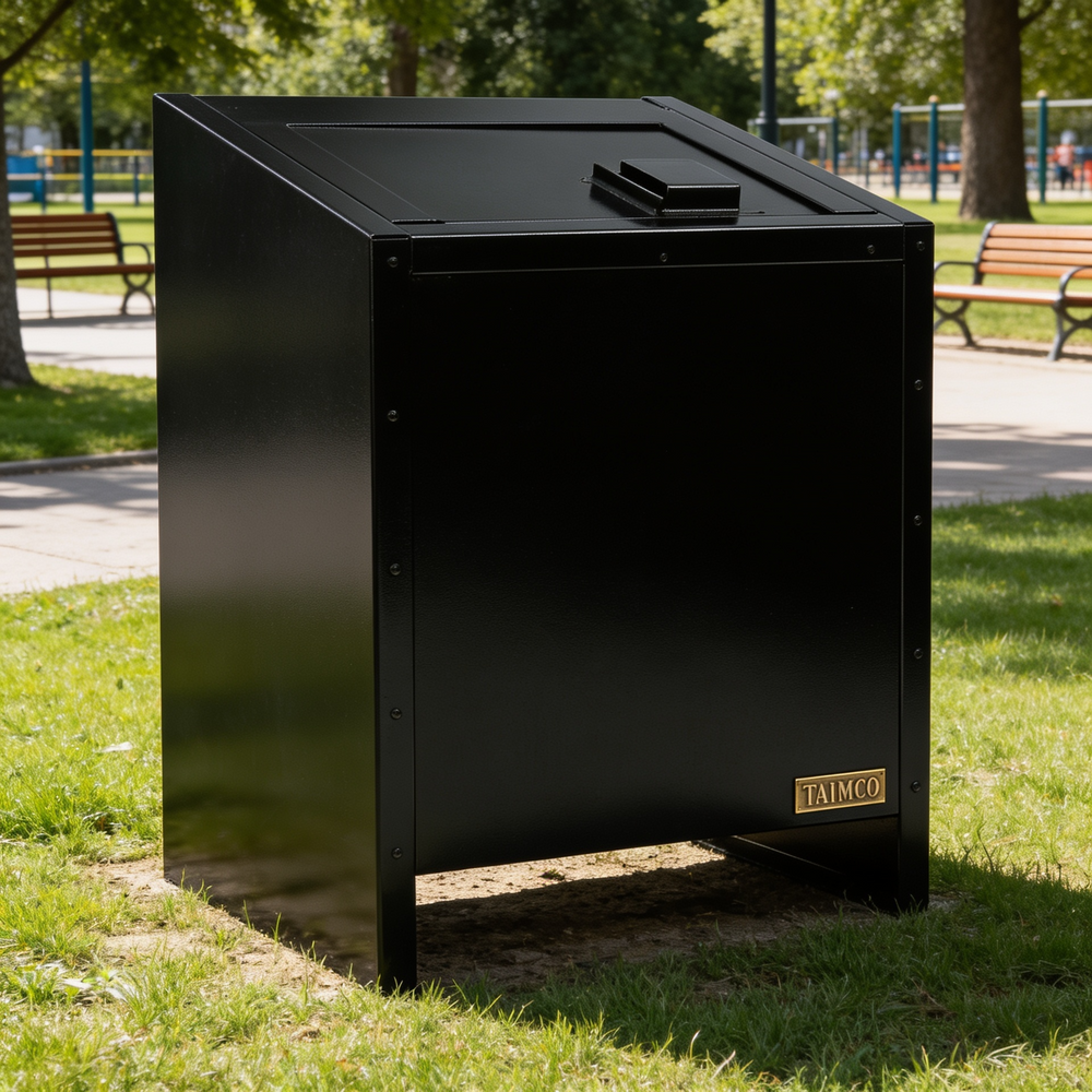 Black metal trash can with 'Taimco' branding in a park setting