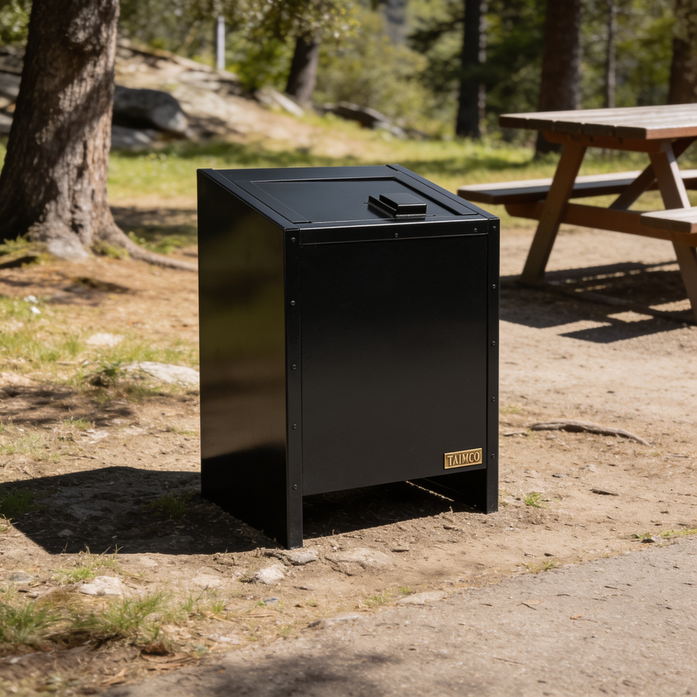Black outdoor trash can in a park setting with a picnic table and trees in the background.
