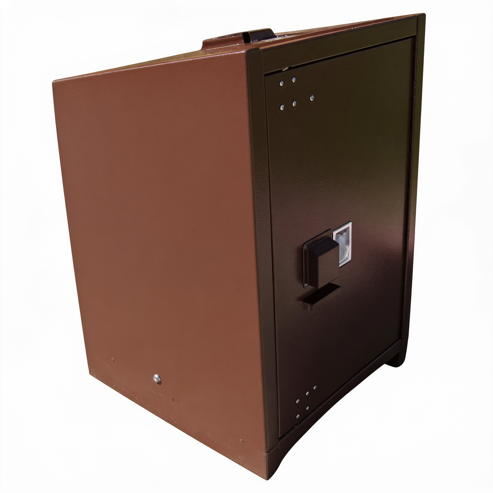 Brown metal mailbox on a white background