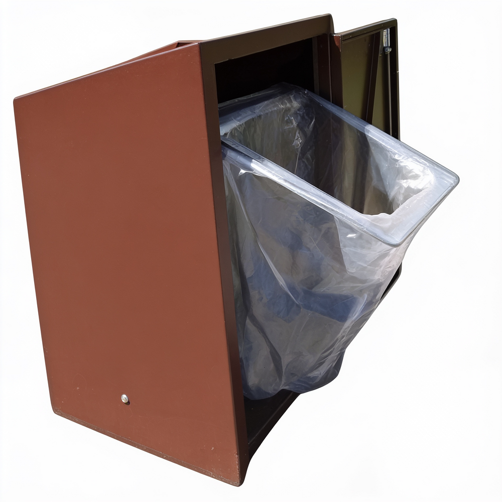 Brown trash bin with a clear plastic bag inside on a white background