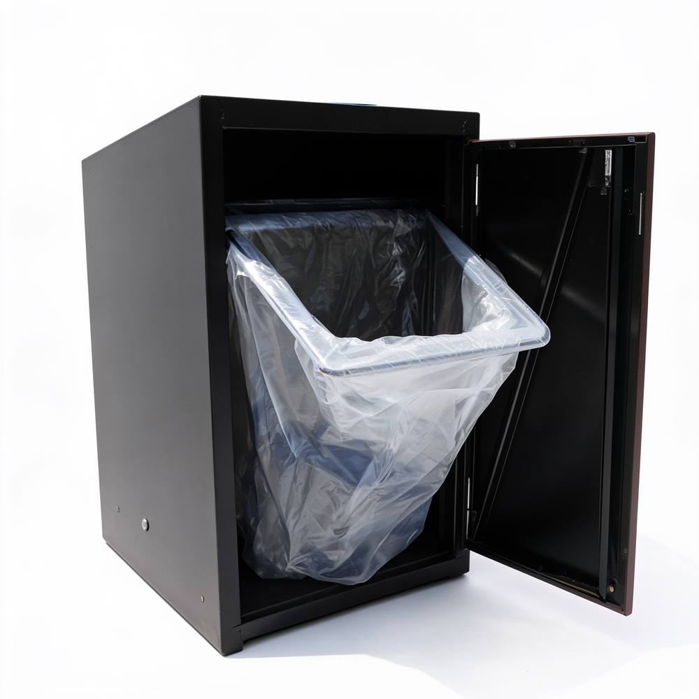Black trash bin with a plastic bag inside on a white background