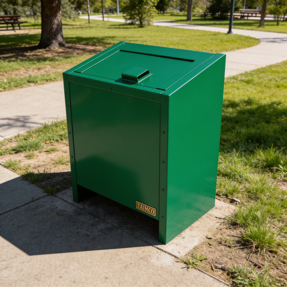 Green trash bin on a sidewalk in a park