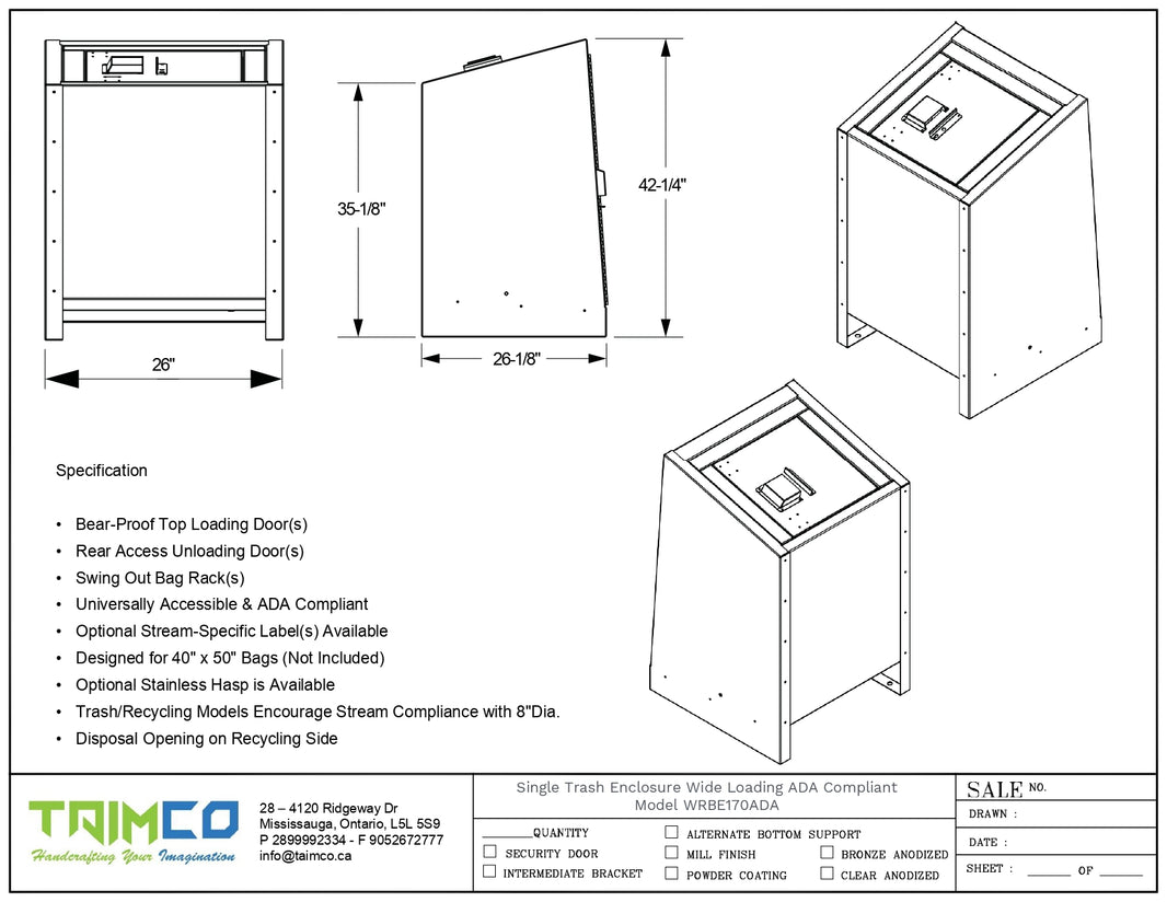 Single Trash Enclosure Wide Loading ADA Compliant - Model WRBE170ADA