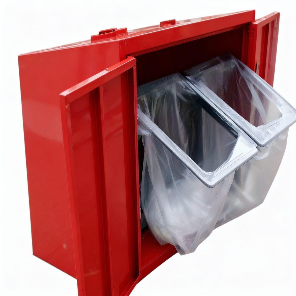 Outdoor recycling and waste enclosure with dual lids and TAIMCO branding