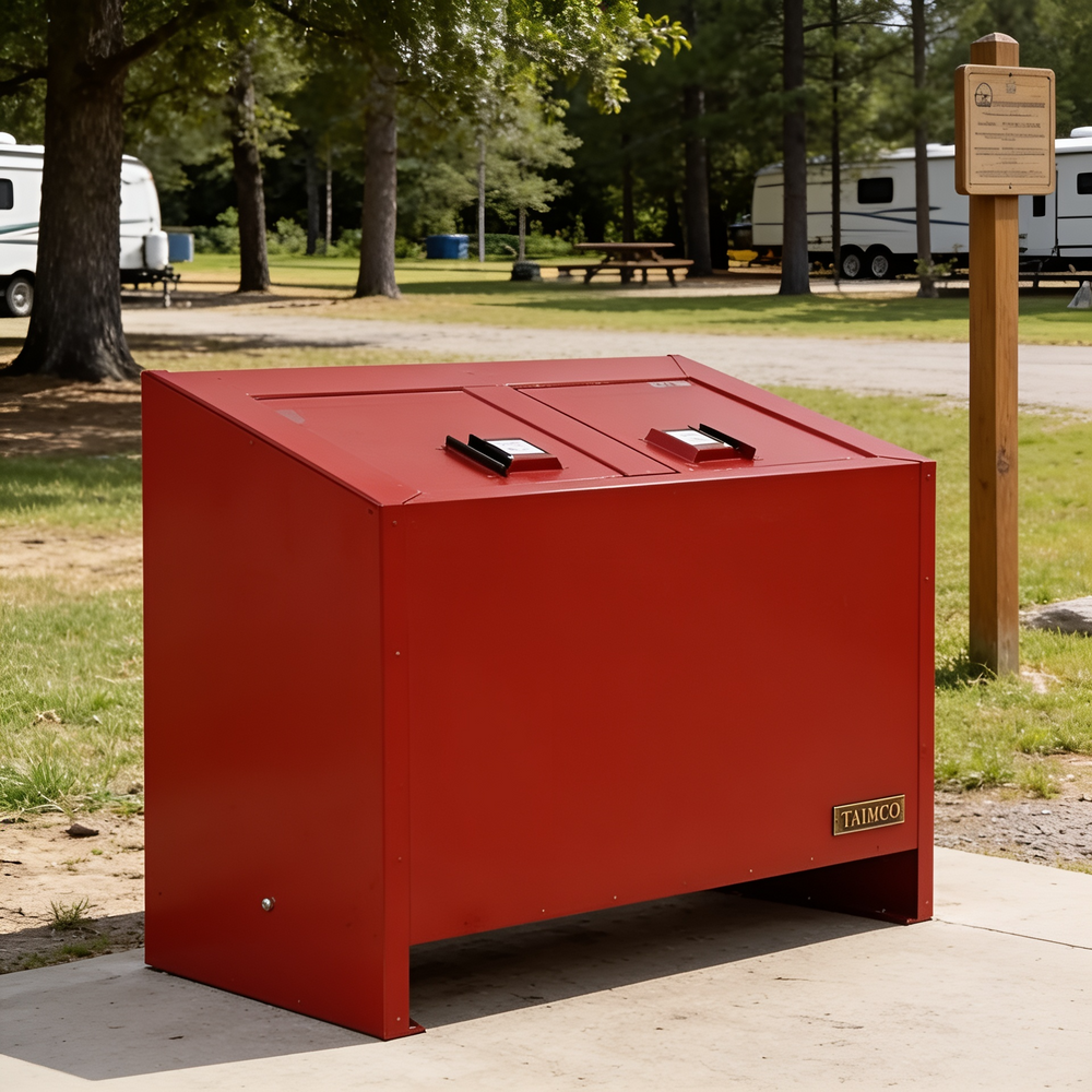 Heavy‑duty outdoor trash bin with two top‑loading lids in red finish