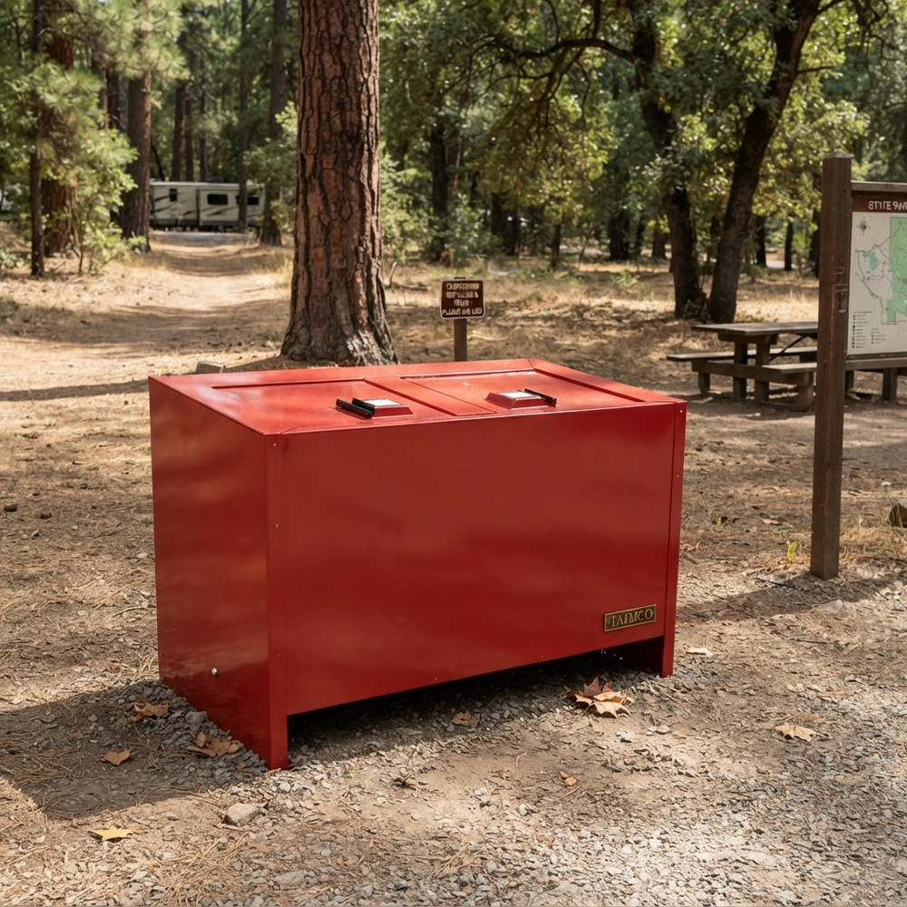 Heavy‑duty outdoor trash bin with two top‑loading lids in red finish
