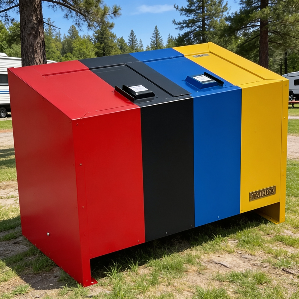 Red commercial waste bin with double top access and reinforced metal construction