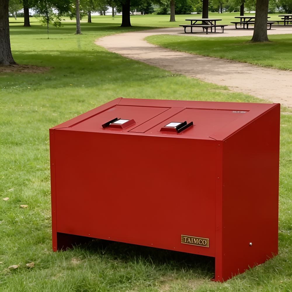Wide‑loading metal trash bin enclosure designed for outdoor waste management