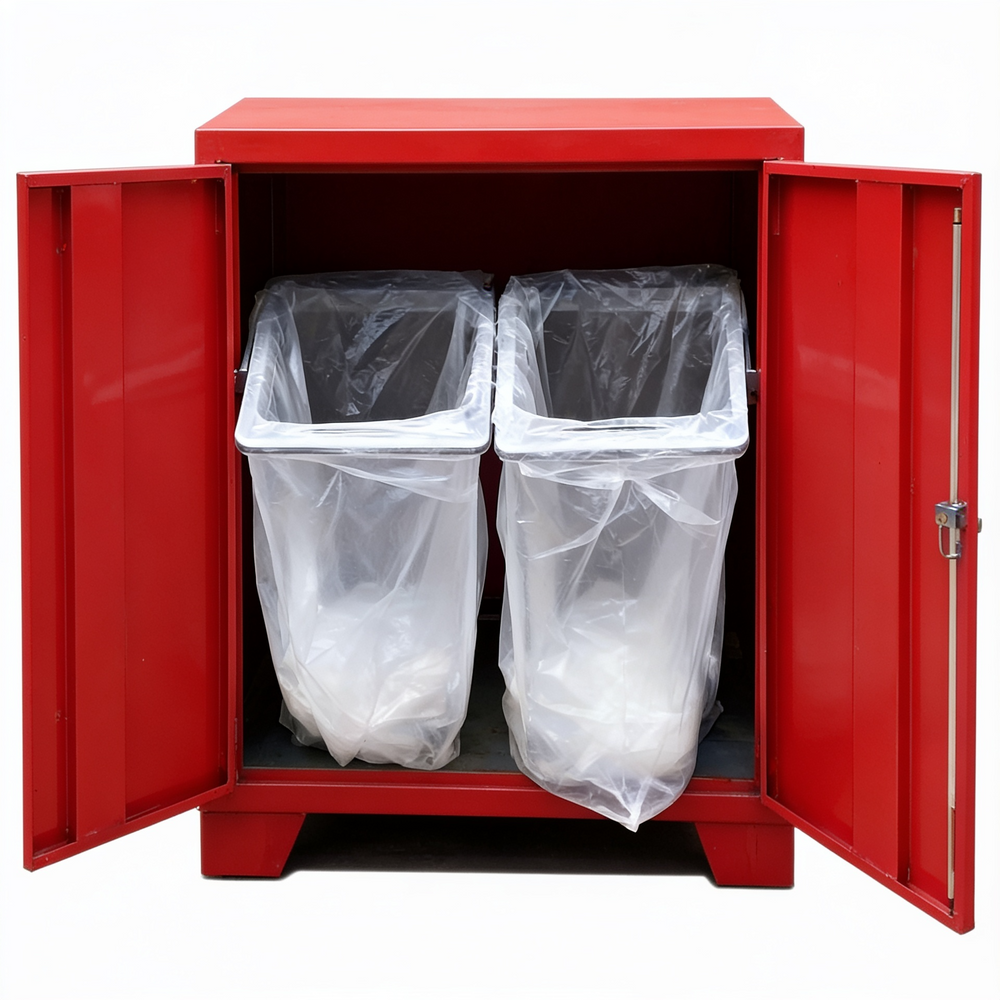 Wide‑loading metal trash bin enclosure designed for outdoor waste management