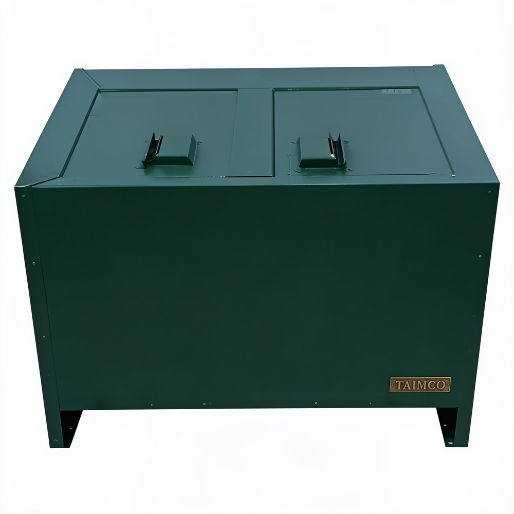 ADA‑friendly wide‑loading waste enclosure in red metal with dual handles