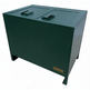Red metal waste enclosure with dual hinged lids and TAIMCO label