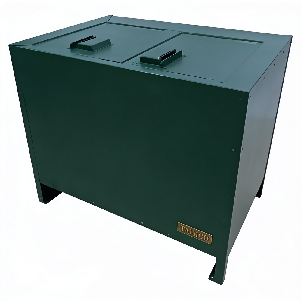 Red metal waste enclosure with dual hinged lids and TAIMCO label