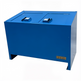 Durable steel waste container with two lift‑up lids and smooth red powder coat