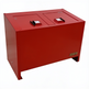 Red metal waste enclosure with dual hinged lids and TAIMCO label