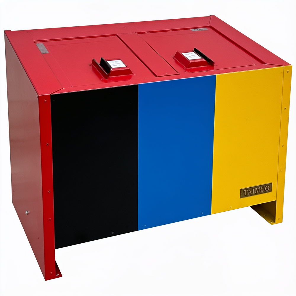 Large red steel trash bin for commercial properties with hinged top lids