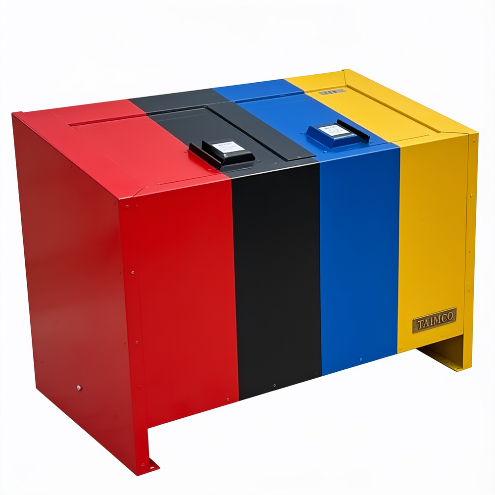 Red metal waste enclosure with dual hinged lids and TAIMCO label
