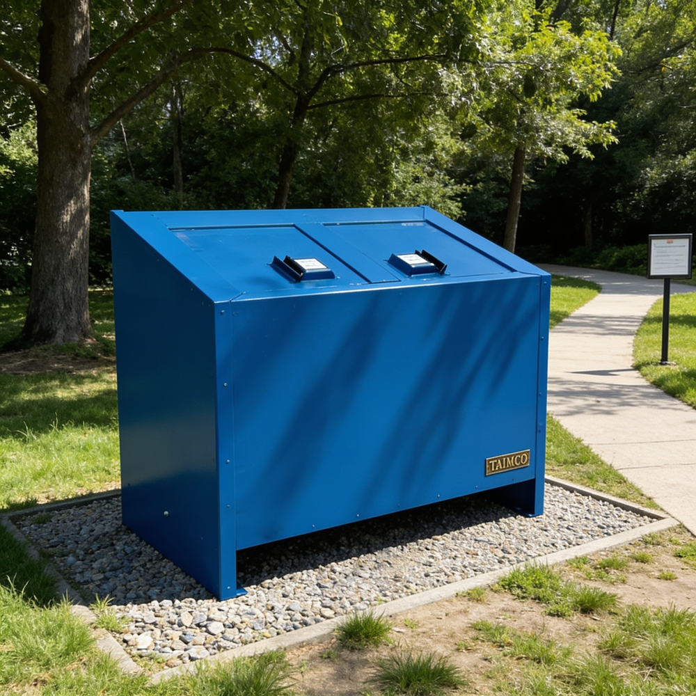 ADA‑friendly wide‑loading waste enclosure in red metal with dual handles