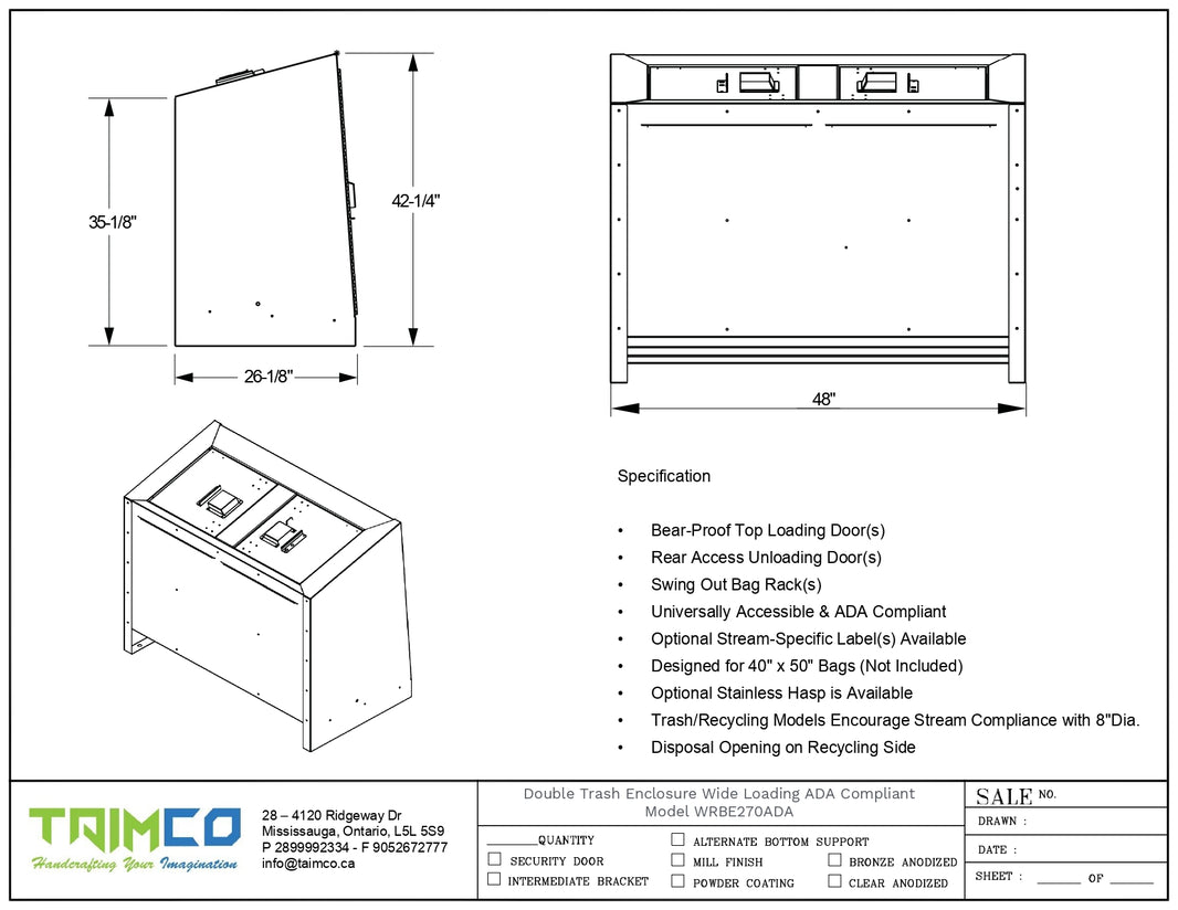 Double Trash Enclosure Wide Loading ADA Compliant - Model WRBE270ADA