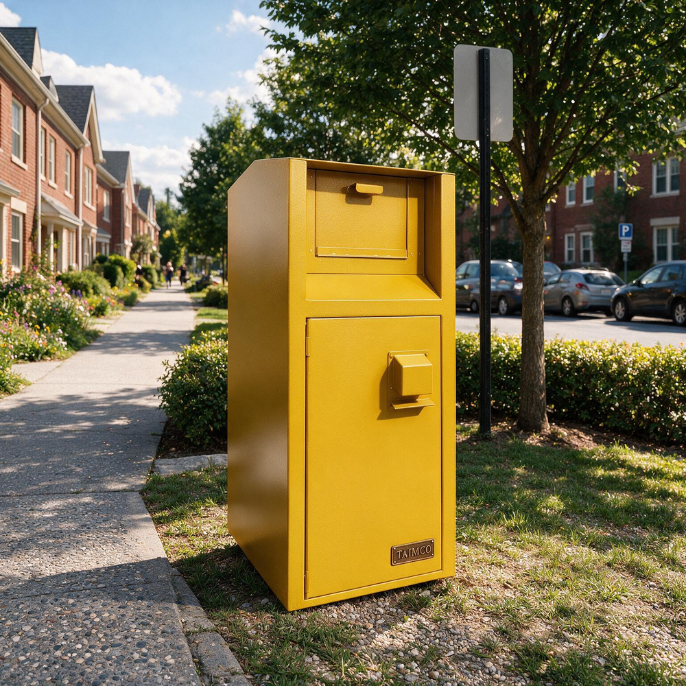 A bright yellow metal mailbox or mail locker unit standing on a grassy patch beside a sidewalk in a suburban neighborhood with trees, parked cars, and brick houses in the background.