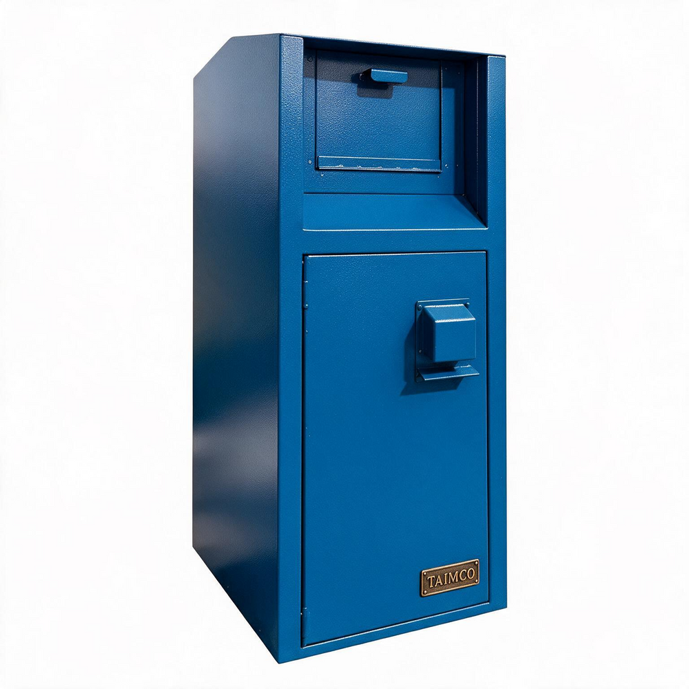 A blue metal safe with a top mail slot and a lower lockable door, featuring a small 'TAIMCO' brand plate on the bottom right corner, set against a plain white background.
