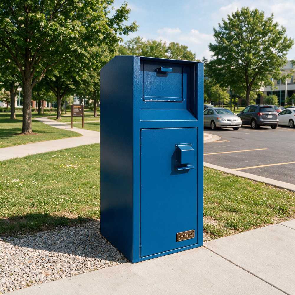 A tall blue metal mailbox or mail drop unit standing outdoors on a concrete sidewalk beside grass, trees, and a parking lot with cars.