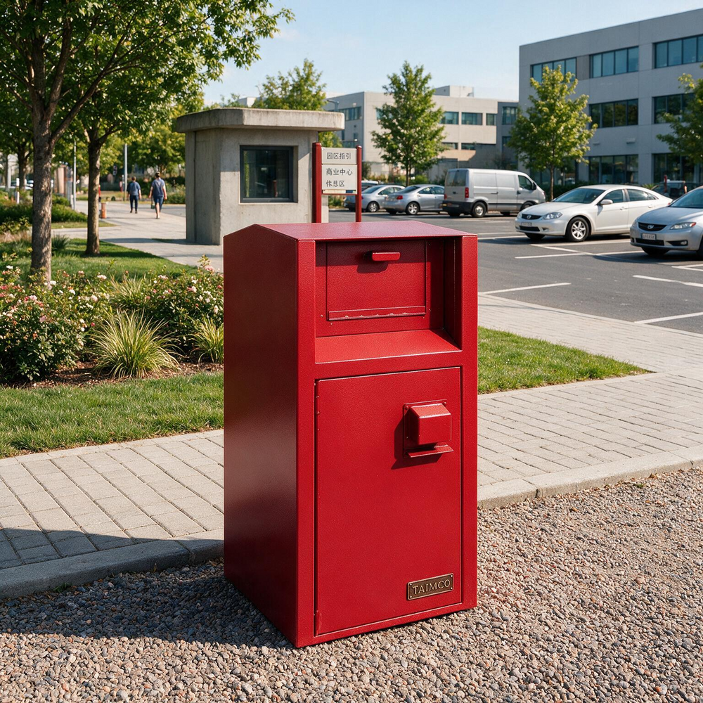 A red metal mailbox with a front door and top mail slot, placed outdoors on a gravel path beside a sidewalk and trees.