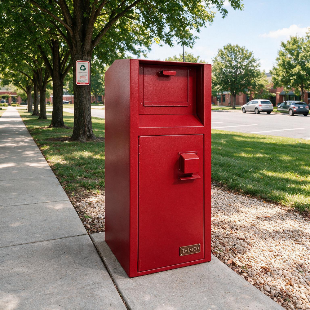 A red metal mailbox with a top slot and a lower door, standing on a concrete sidewalk outdoors near trees and grass.