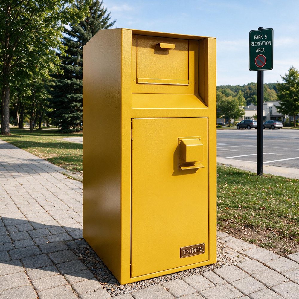 A bright yellow Taimco metal parking ticket box with a secure front door and top ticket slot, situated on a paved sidewalk next to a parking lot.
