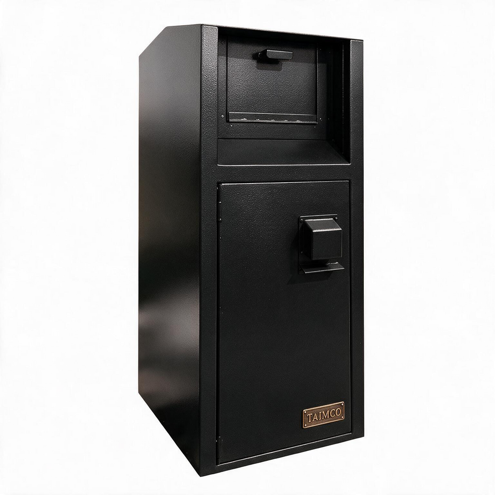 A black metal safe with a top-mounted lockbox and a lower door featuring a handle and a small bronze-colored TAIMCO brand plate, shown on a plain white background.