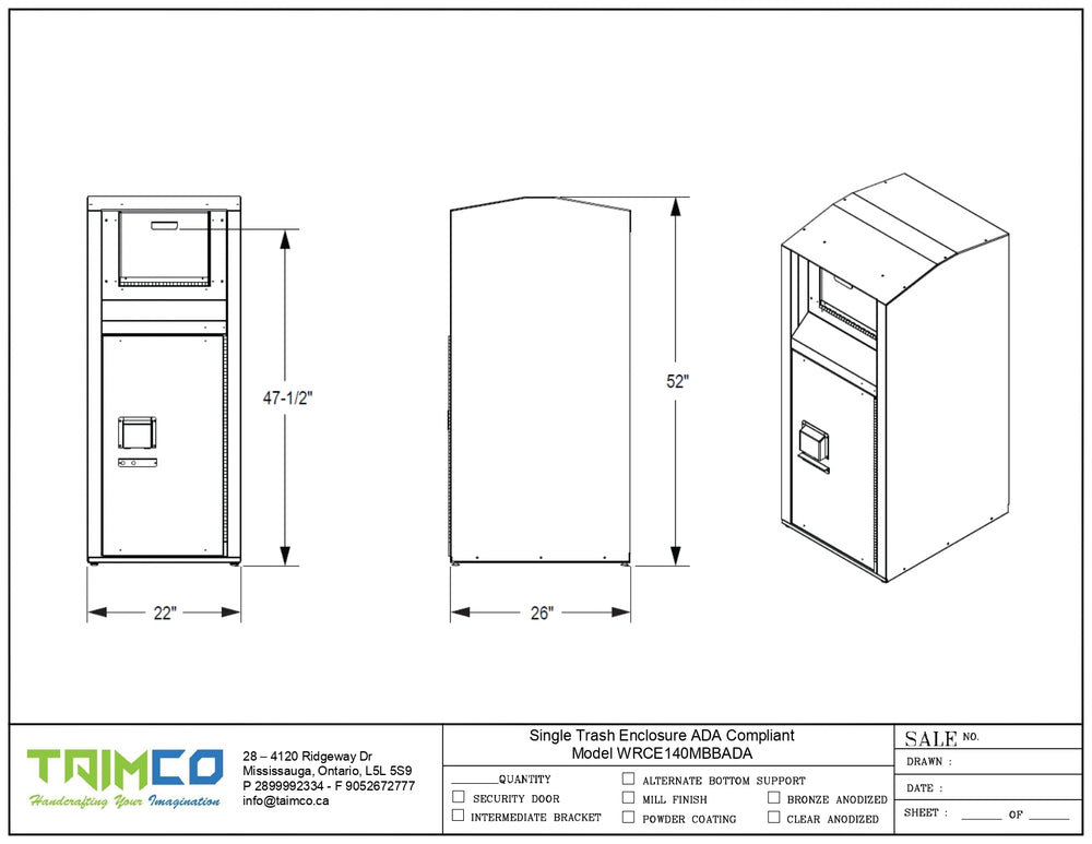 Technical line drawing of a single trash enclosure with three views, dimensions, and a Taimco sales form at the bottom on a white background.