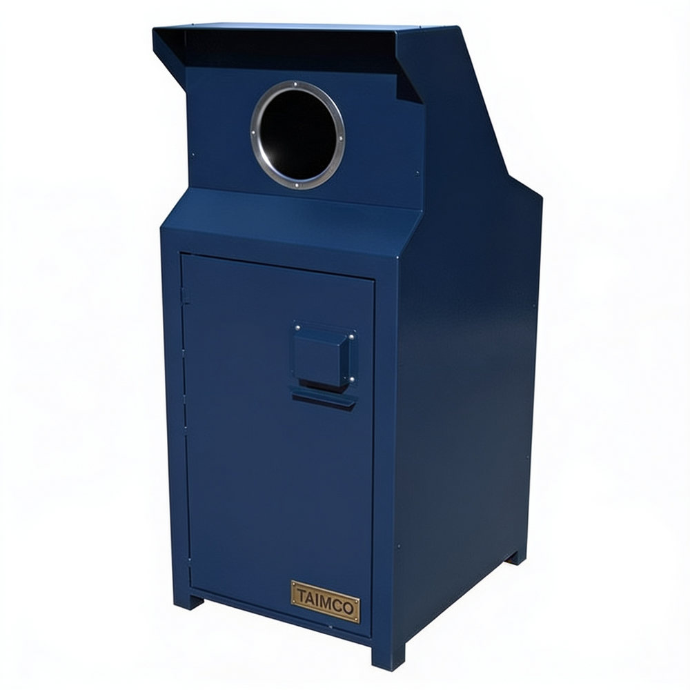 A blue metal industrial container or bin with a circular opening at the top, a front access door, and a small gold TAIMCO label near the bottom, shown on a plain white background.
