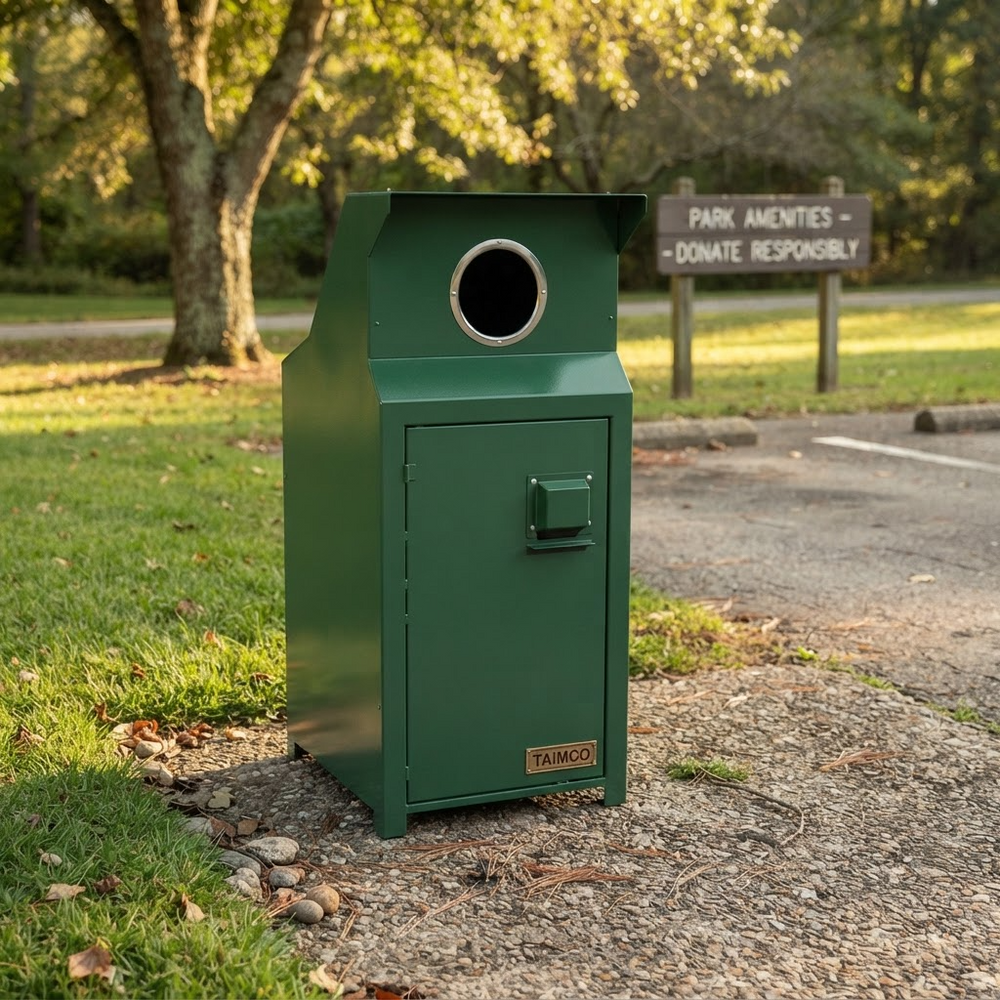 A dark green metal trash can with a circular opening at the top, shown outdoors on a gravel path near grass and trees. A small TAMACO label is visible on the front.