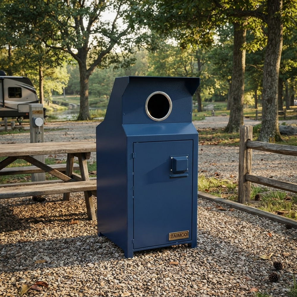 A dark blue metal trash compactor unit with a circular opening at the top, standing on a gravel surface in an outdoor park setting with picnic tables and trees in the background.