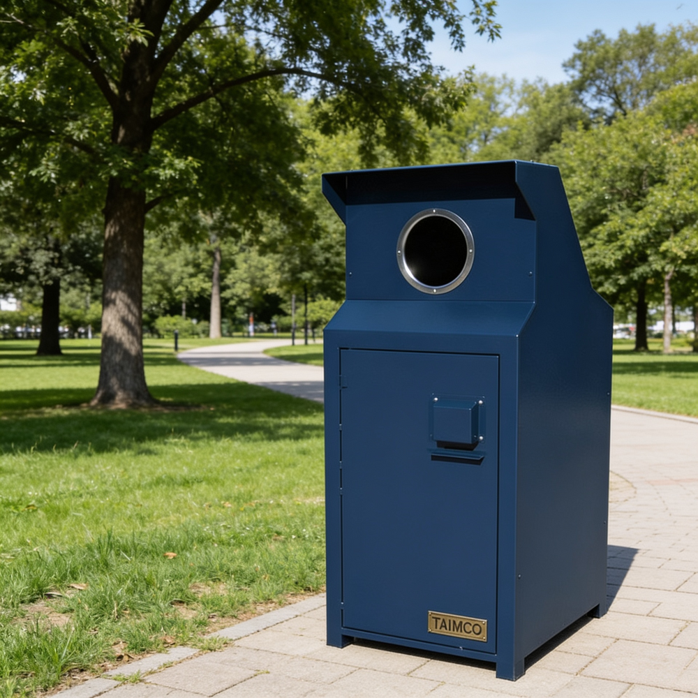 A dark blue metal trash can with a circular opening on top, standing on a paved path in a park with green trees and grass.