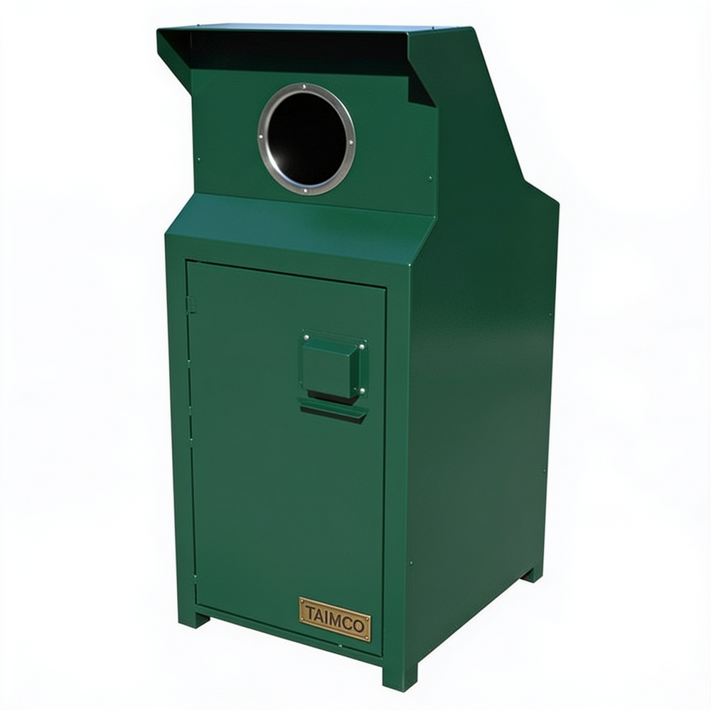 A dark green industrial metal trash can with a circular opening at the top, a front access door, and a small TAIMCO label on the lower front, shown on a plain white background.
