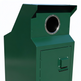 A dark green industrial metal container or cabinet with a circular opening on the front, photographed against a plain white background.