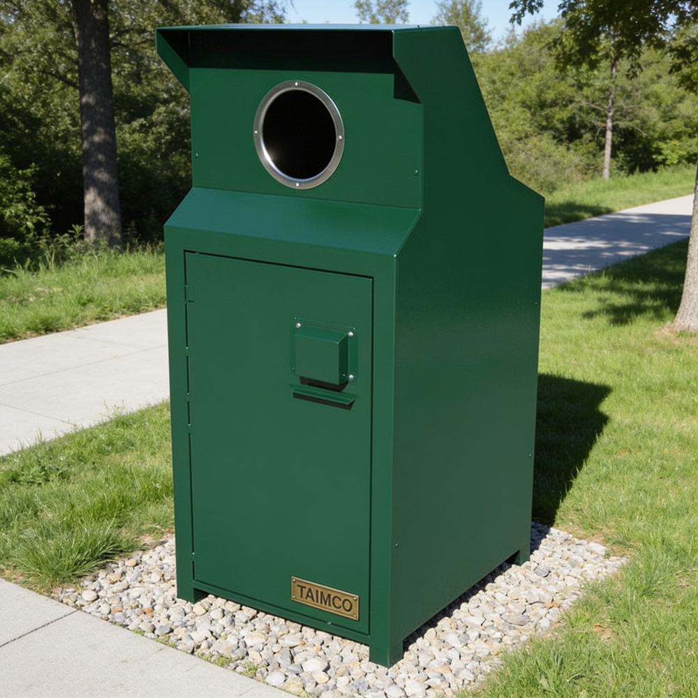 A green metal trash compactor unit with a circular opening at the top and a small TAIMCO label near the bottom, placed outdoors on a gravel bed beside a concrete path and grassy park area.