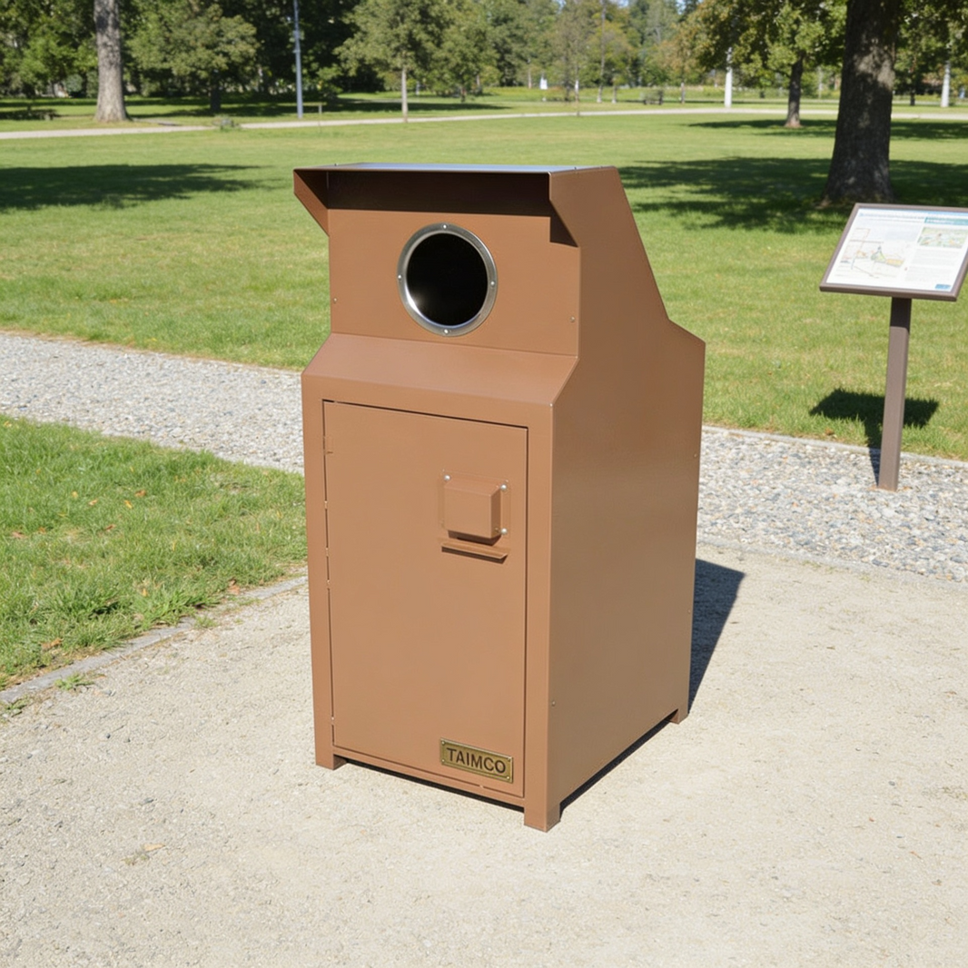 A tall, brown metal trash can with a circular opening on top and a small front door, photographed outdoors on a paved path in a park. The brand name TAMCO is visible on a small badge near the bottom.