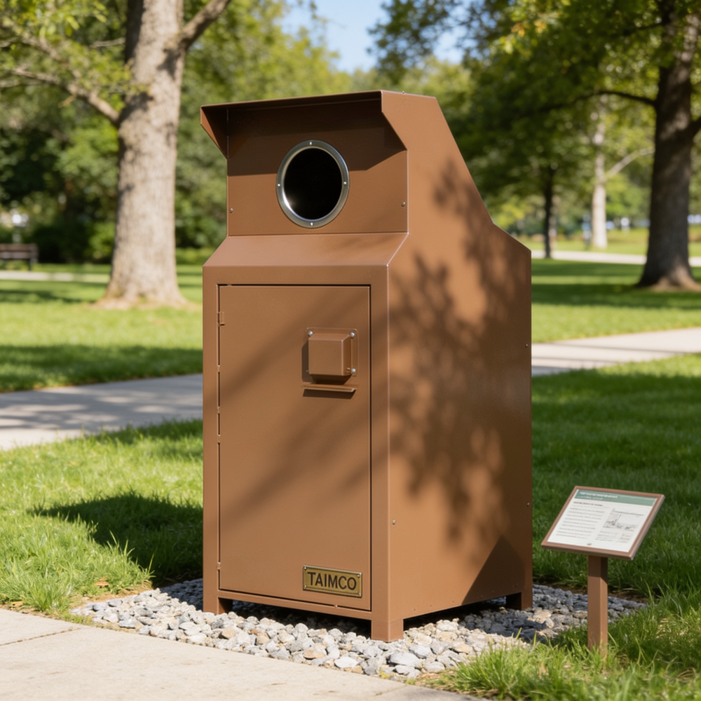 A large brown metal trash compactor unit with a circular opening on top, set outdoors on a gravel bed beside a paved path in a park. A small sign is placed nearby, and trees and grass are visible in the background.