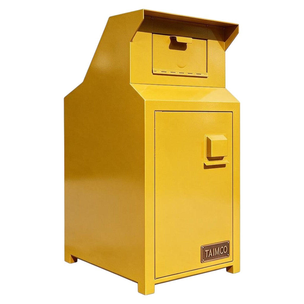 A bright yellow metal mailbox with a front door, top投递 slot, and a small TAIMCO brand plate near the bottom right, shown on a plain white background.