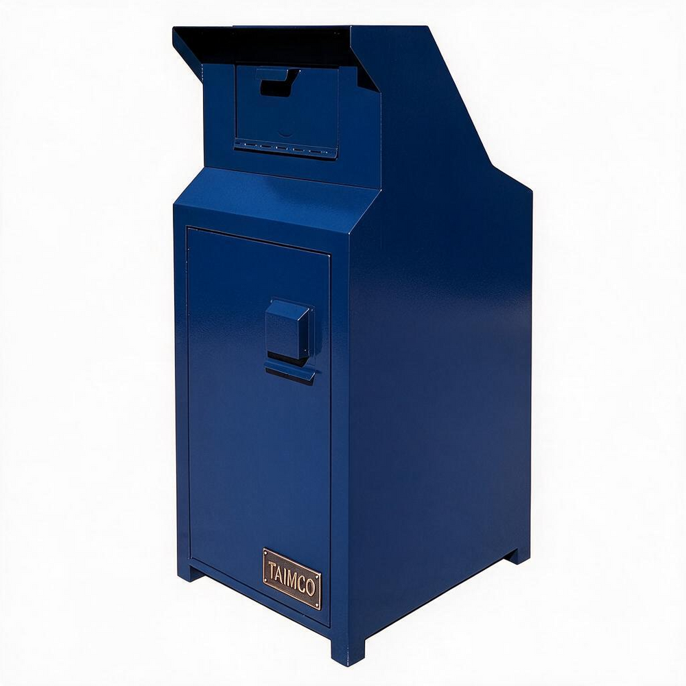 A blue metal TAMCO coin dispenser cabinet with a front door, handle, and top dispensing slot, shown on a plain white background.