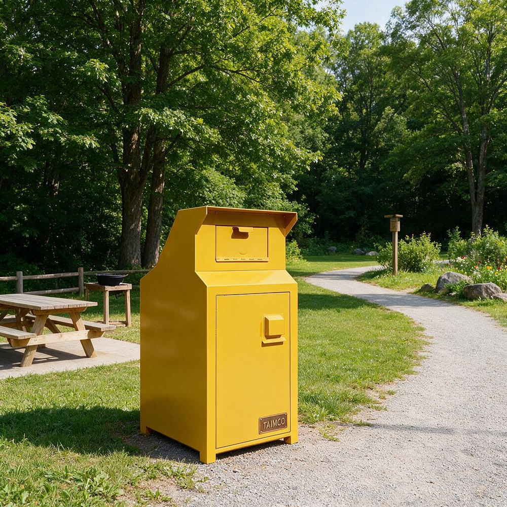 A bright yellow metal trash compactor unit standing on a gravel path in a park with trees, grass, picnic tables, and a small sign that appears to read TRACO.