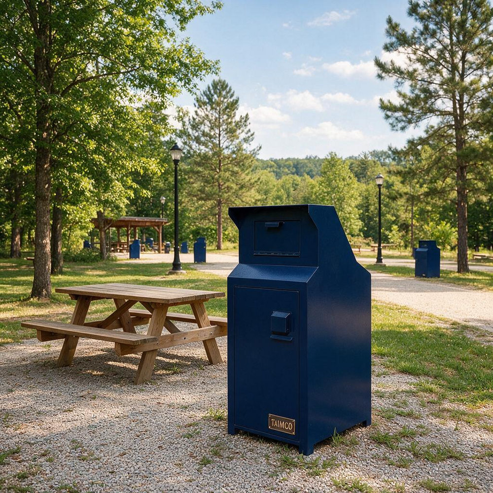 A dark blue metal mailbox or mail drop unit standing outdoors in a park-like setting with trees, a picnic table, lamp posts, and a gravel path.