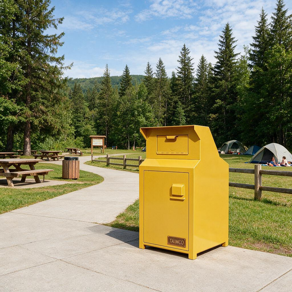A bright yellow metal trash can with a hinged lid and front compartment, placed on a concrete path in a park with picnic tables, trees, and tents in the background.