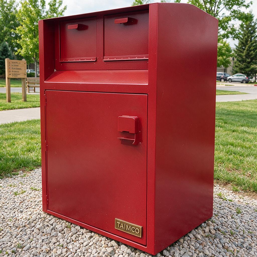 A red metal mailbox with two top mail slots and a lower door, standing on gravel in an outdoor grassy area. A small gold-toned plate near the bottom reads TAIMCO.