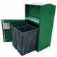 A green metal waste sorting cabinet with two dark gray pull-out bins, shown on a plain white background.