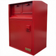 A red metal mailbox cabinet with two top mail slots, a lower door with a handle, and a small gold TAIMCO brand plate near the bottom front, shown on a plain white background.
