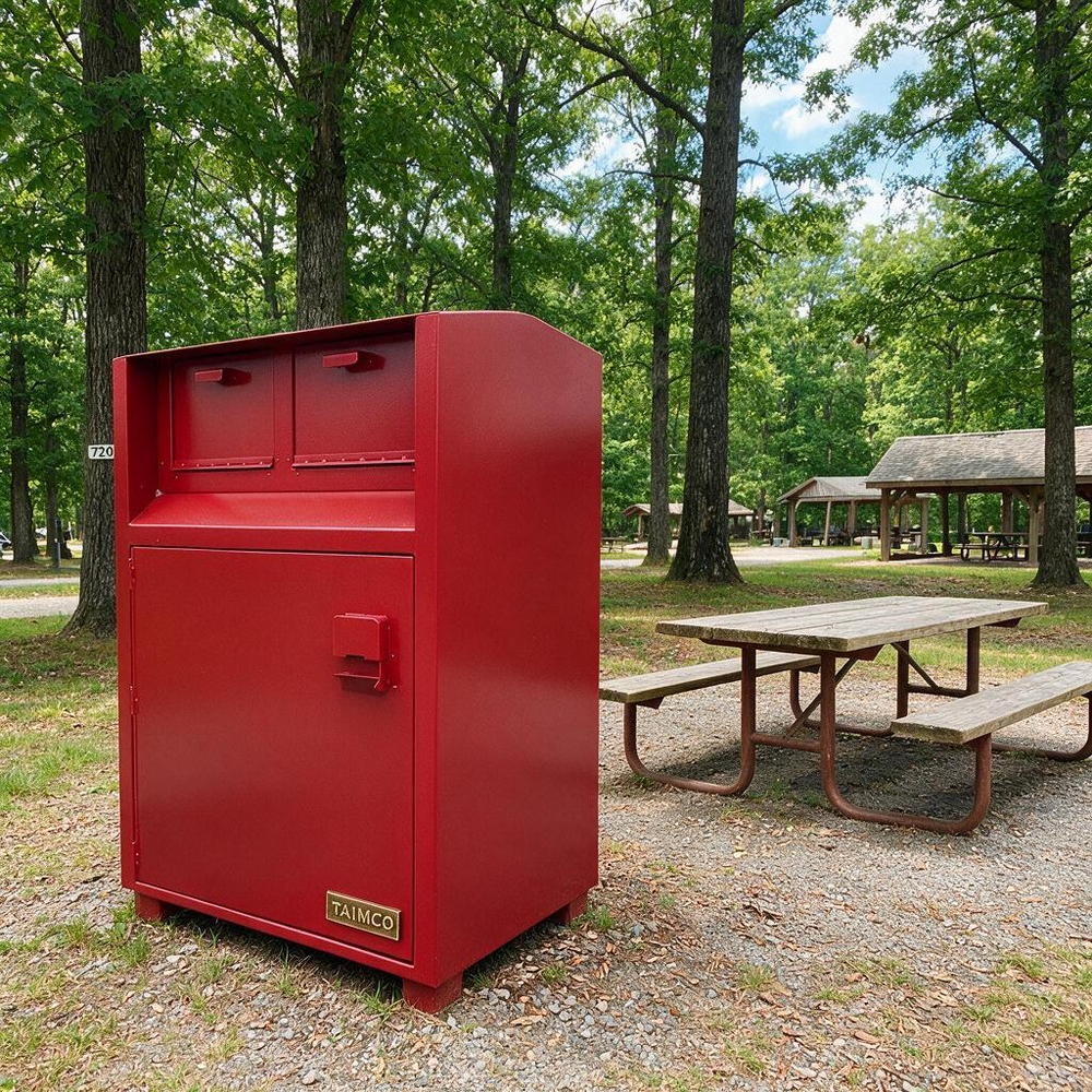 A red metal mailbox or storage cabinet with a small front door and top drawers, placed outdoors in a wooded park area next to a picnic table. A small PALCO brand plate is visible on the lower front.
