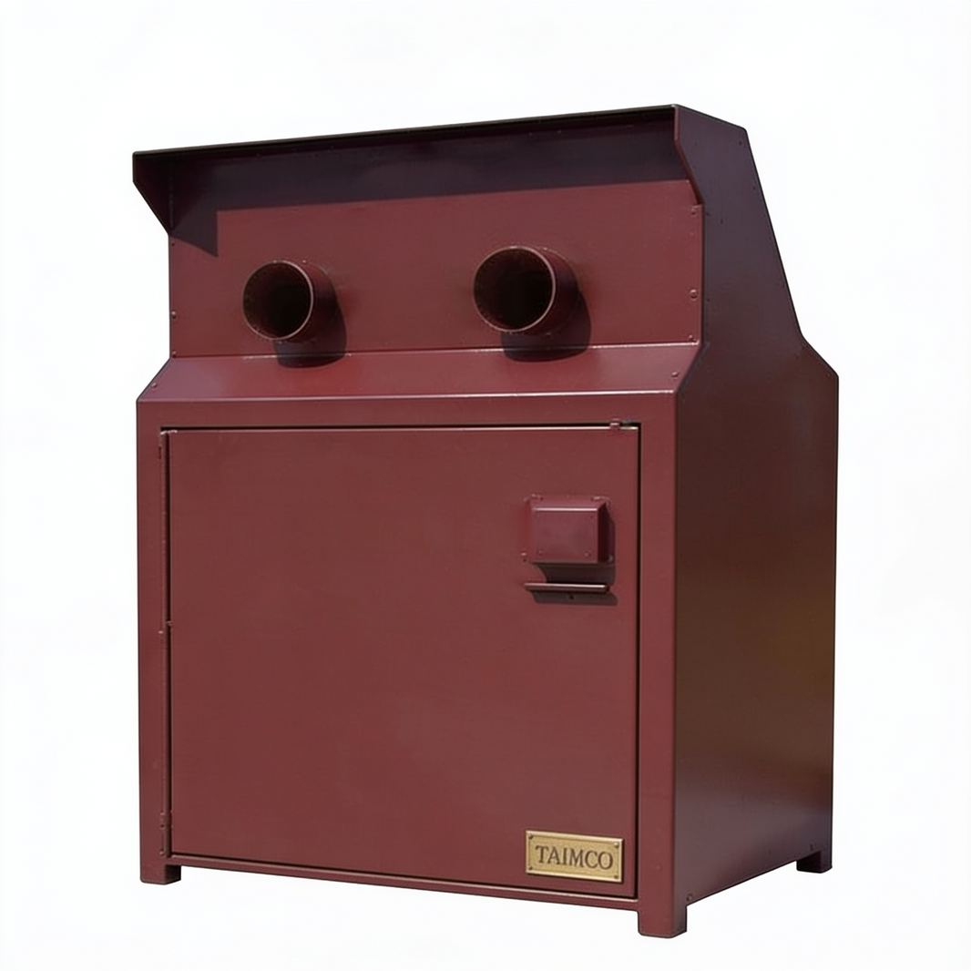 A dark red metal industrial cabinet with two circular openings on the top panel, a small front handle, and a gold-colored TAIMCO brand plate near the bottom right corner, set against a plain white background.